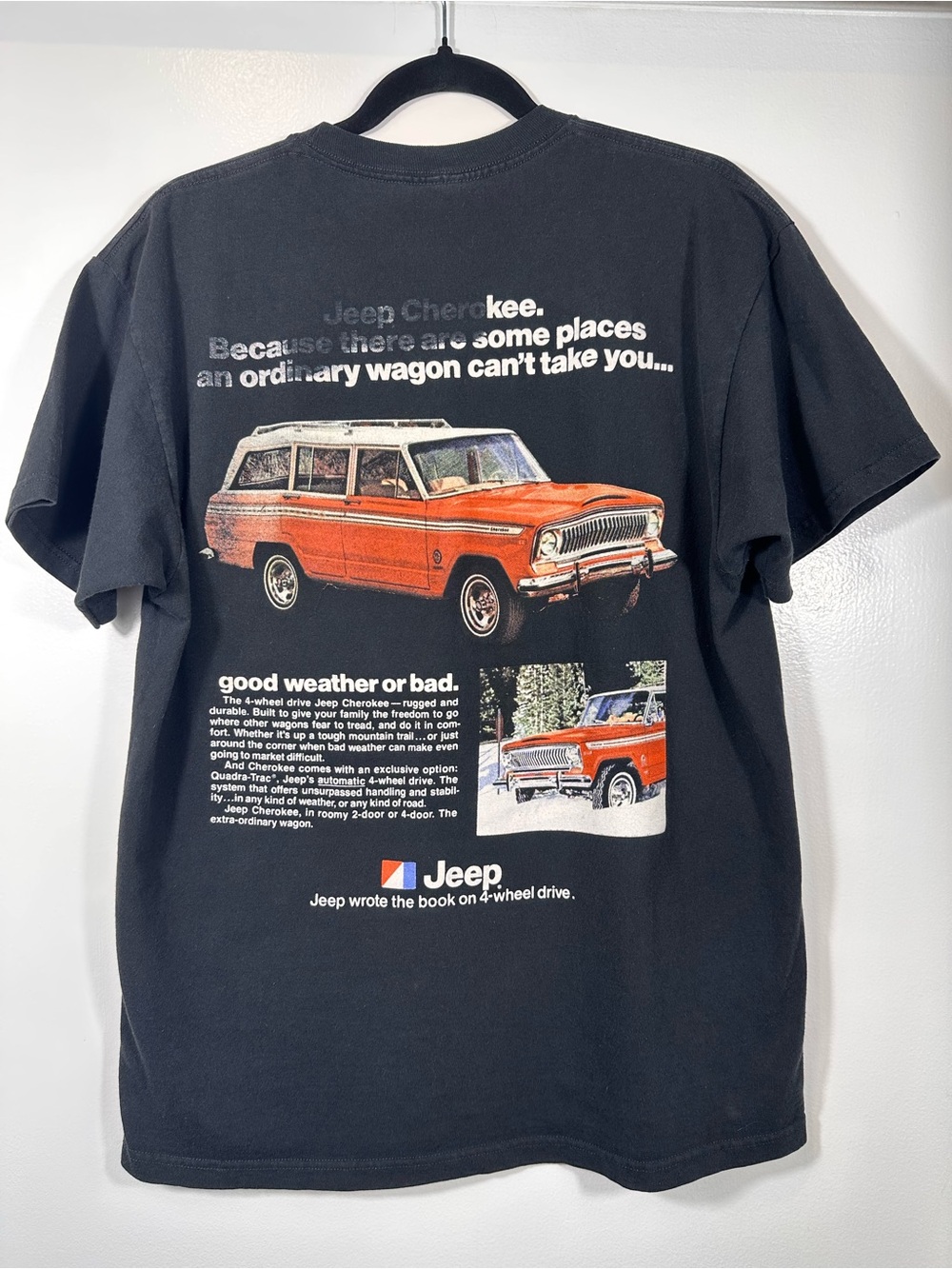 Jeep Black Short Sleeve Tee with Orange Wagon Graphic